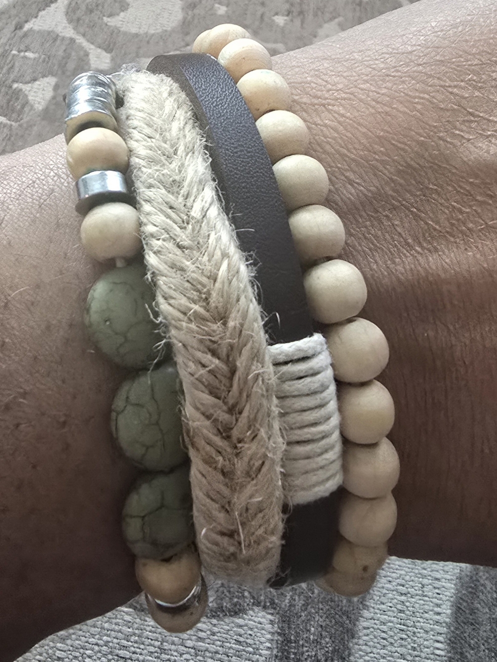 Old Navy Neutral Bead and Leather Wrap Bracelet Set - Beige, Brown, Green
